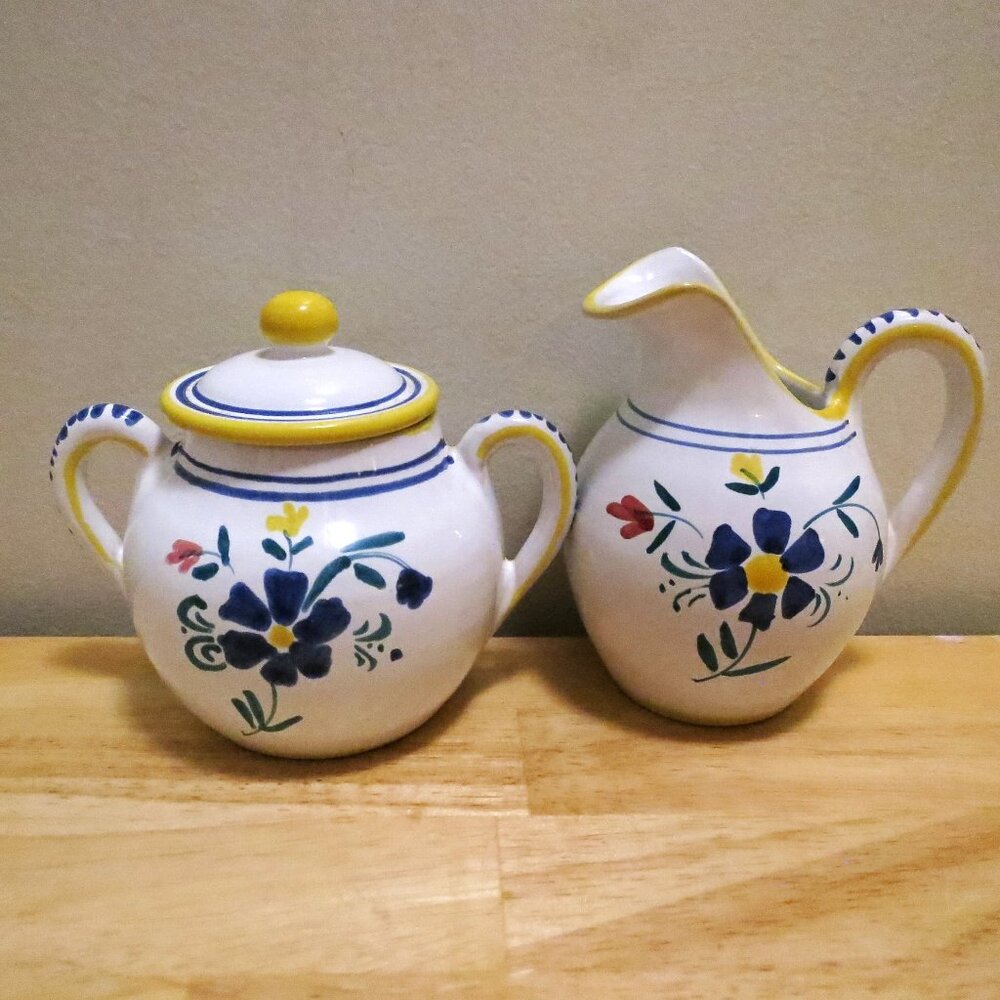 Sugar Bowl w/ Lid & Creamer "LORIENT" Hand Painted in Italy